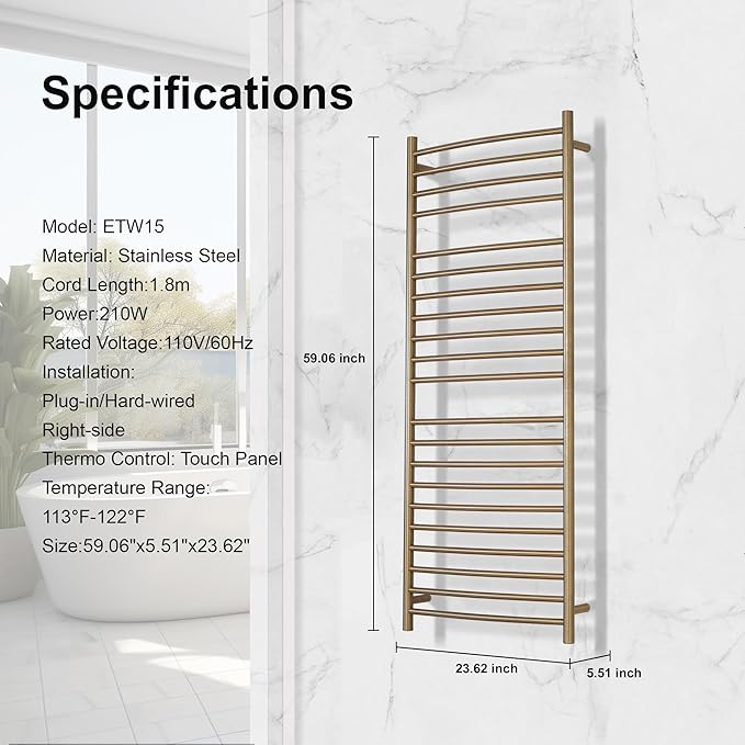 Electric Towel Warmer - Wall Mounted Bathroom Heated Towel Rack, Plug-in Design & Brushed Stainless Steel Finish Gold 21 Bar