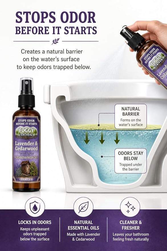 Lavender & Cedarwood Toilet Spray — Stops Odor Before It Starts, Pre-Poop Bathroom Spray, Natural Odor Barrier, 4 oz (200+ Uses), Travel Size