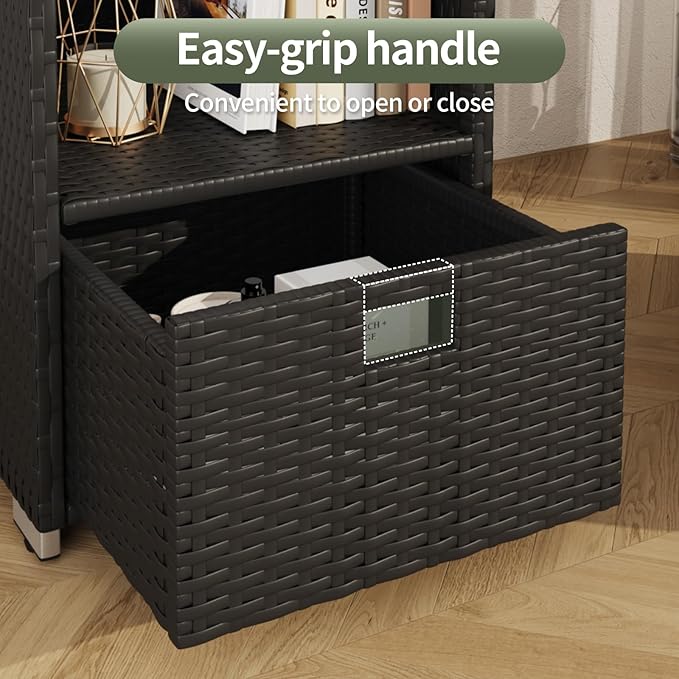 Rattan Outdoor Pool Towel Rack Cabinet, Wicker Pool Storage Bins Storage Organizer, 2 Layer Shelf Hot Tub Spa Accessories, 45in, Black