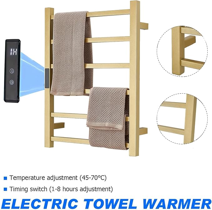 Electric Heated Towel Warmer Rack Gold Bathroom Accessories, With Timer Wall Mounted Rail, 6 Bars Stainless Steel Drying Racks Home Radiator, Hardwired