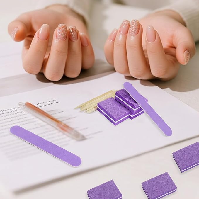 Disposable Manicure kit Individually Package, Mini Nail Buffer, Nail File, Wood Stick, Press on Nail Tool Kit for Salon Home (Purple, Count, 40, 80/100 Grit)