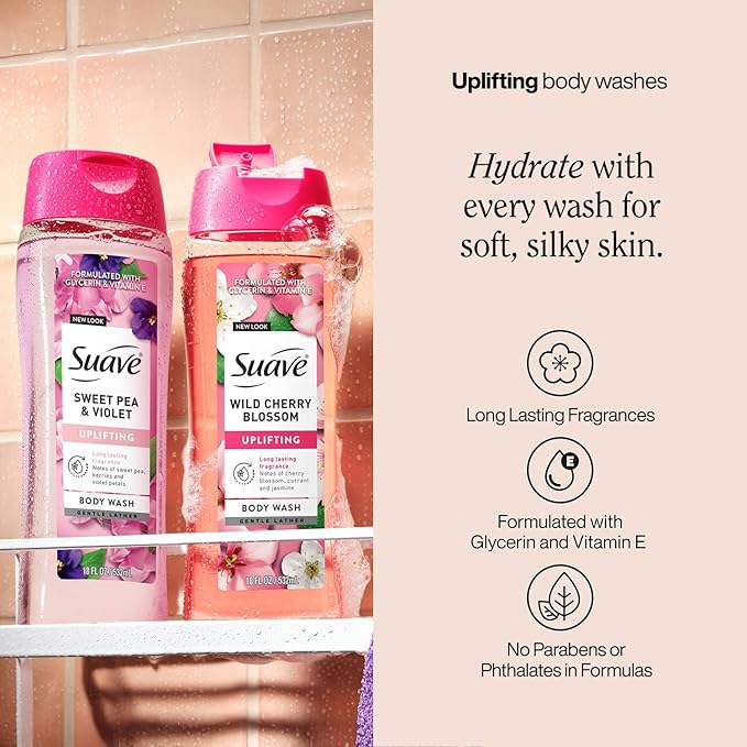 Suave Body Wash Variety 2-Pack, Sweet Pea & Violet + Wild Cherry Blossom – Gentle Body Washes with Floral Blend Oil Essence, 18 Oz Ea