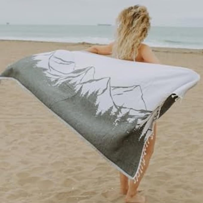 InfuseZen Turkish Towel with Mountain Landscape – 100% Organic Turkish Cotton - Sand Free Quick Dry Beach Peshtemal – Thin Reversible Absorbent Pool Hammam – Plus Size Gym, Travel Fouta (Black)