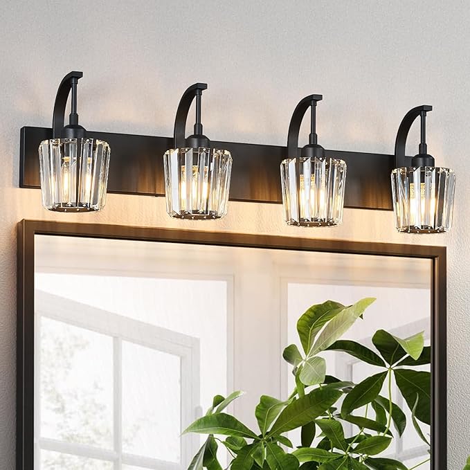 Modern Bathroom Vanity Light, 4-Light Black Wall Sconce with Crystal Accents, Over Mirror Bathroom Lighting Fixture, 32.67" Long Dimmable Vanity Lamp for Makeup, Easy Installation