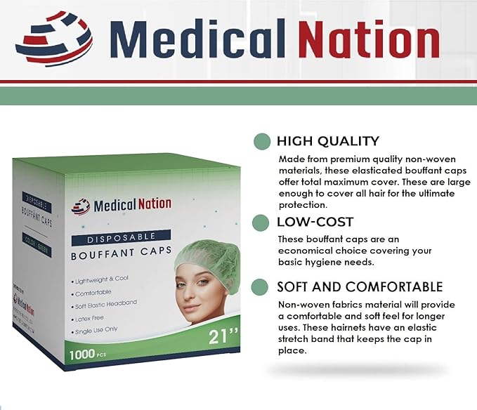 Medical Nation 21" Disposable Bouffant Caps Hair Net | CASE OF 1000, Green | Hairnets, Non-Pleated Head Hair Covers |For Medical, Labs, Nurse, Tattoo, Food Service, Hospital, Cooking - Size 21" Green