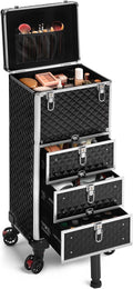 Rolling Makeup Train Case with 3 Drawers, Nail Trolley Cart Salon Station Cosmetology Case on Wheels Organizer Cases for Nail Tech,SPA,Face Painting,Hairstylist,Makeup Artist (Silver & Black)