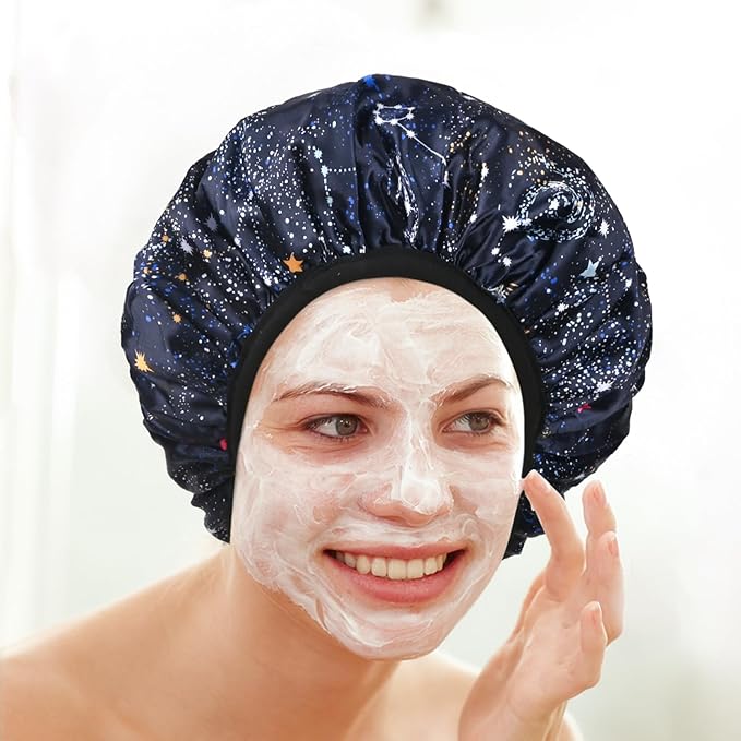 Navy Astral Print Satin Shower Cap, Three-Layer Terry Cloth Lined, with Silk Hair Ties, Microfiber Waterproof Reusable Large Size Shower Cap for Women Long Thick Hair