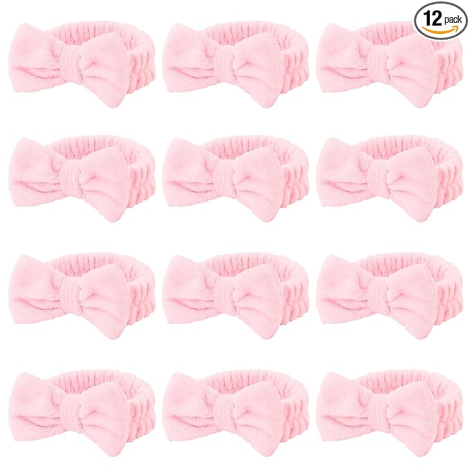 Casoty 12 Pcs Pink Spa Headband, Makeup Headband for Women, Soft Coral Fleece Skincare Headbands for Makeup, Bow Hair Band for Face Washing Shower Skin Care Yoga