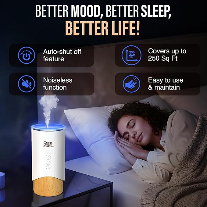 GuruNanda Calm Aura Essential Oil Diffuser, Sleek Modern Aromatherapy Diffuser with Turbo & Mist Modes, Auto Shut-Off Safety, Covers 250 Sq Ft, 100 ml