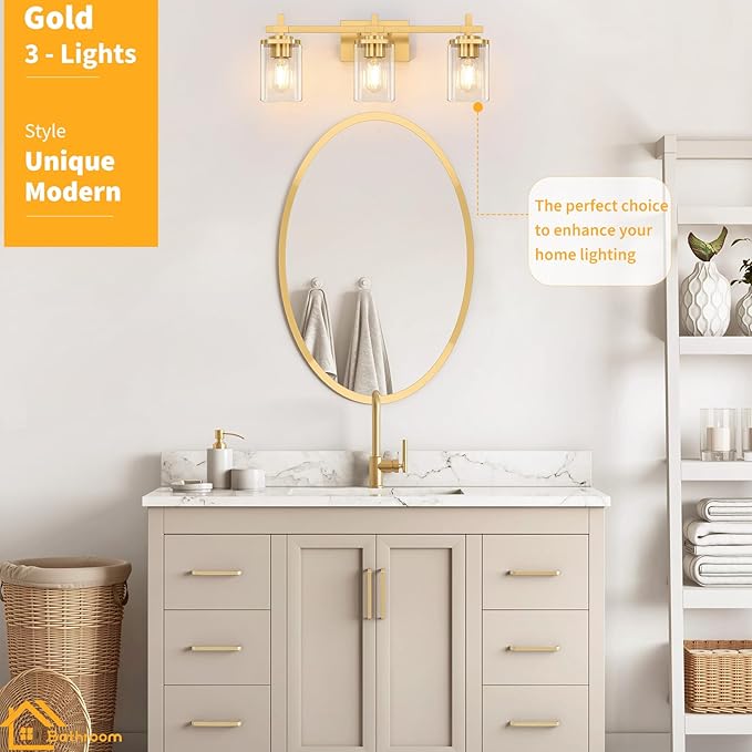 3-Lights Gold Bathroom Light Fixtures, Bathroom Vanity Light Over Mirror, Brushed Gold Wall Lights with Glass Shades, Indoor Wall Mounted Lamp for Living Room Bedroom Hallway