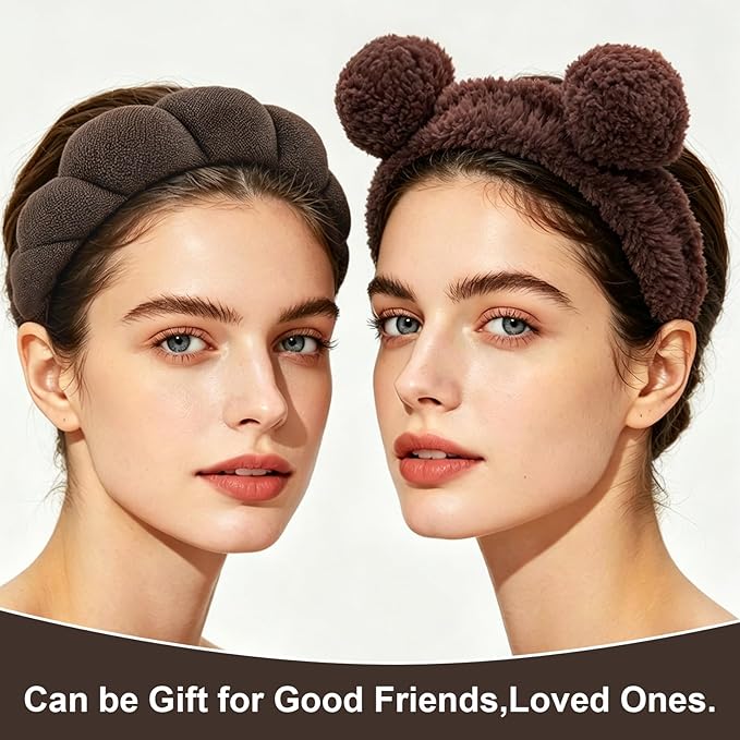Zkptops 6Pcs Spa Headband for Washing Face Wristband Set Sponge Makeup Skincare Terry Cloth Headband Bubble Soft Bear Ears Hairband Women Puffy Padded Headwear Non Slip Hair Accessory(Dark Brown)