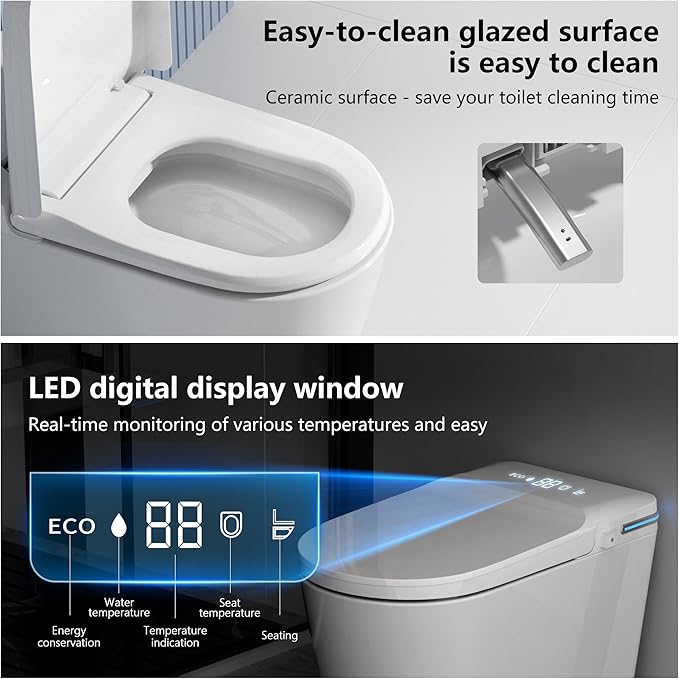 TDH Smart Toilet,One Piece Bidet Toilet for Bathroom,Toilet with Fahrenheit LED Display,Aromatherapy Tablet,Foot Sensor Operation & Auto Flush,Warm Water & Dry Function,Round Bidet Toilet Seat