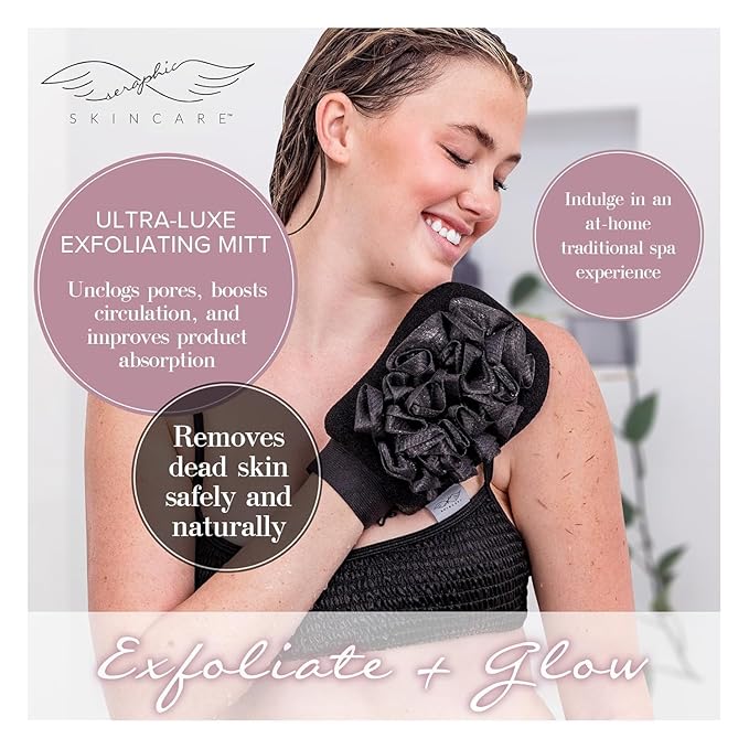 Seraphic Skincare Ultra-Luxe Exfoliating Mitt for Traditional Korean Exfoliation – Body Exfoliator with Mesh Shower Gloves for Gentle Cleansing, Viscose Fiber Loofah to Exfoliate and Rejuvenate Skin
