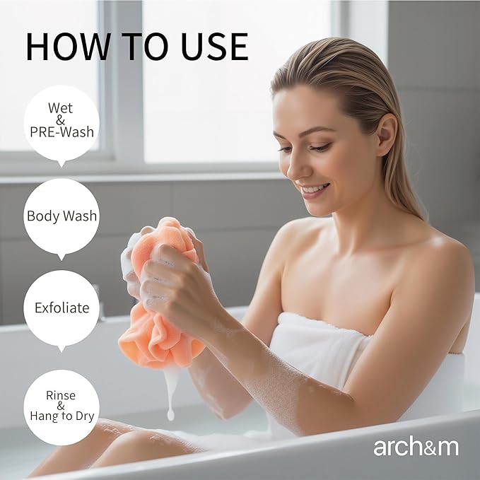 ARCH&M Exfoliating Washcloth Body Scrubber - 35-Inch Japanese & Korean-Style Back Scrubber Towel for Daily Use in Shower, Textured Poly Nylon Body Washcloth for Smoother-Looking Skin, Quick-Dry 3 Pack