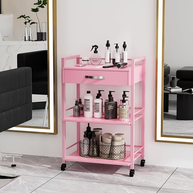 OmySalon Salon Trolley Cart with Wheels, Esthetician Cart with 1 Drawer & 2 Trays, Mobile Storage Organizer for Beauty Spa Massage Tattoo Esthetic Facial Tool Holder Station, Pink