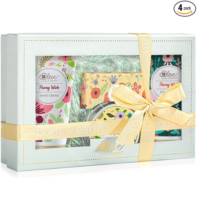 BODY & EARTH # LOVE Hand Cream Gifts Set for Women,Mothers Day Gifts Set,Peony Wish Skin Care Sets with Hand Foot Cream,Soap,Scented Candle,Teachers Appreciation Gift Nurse,Birthday Gift for Women