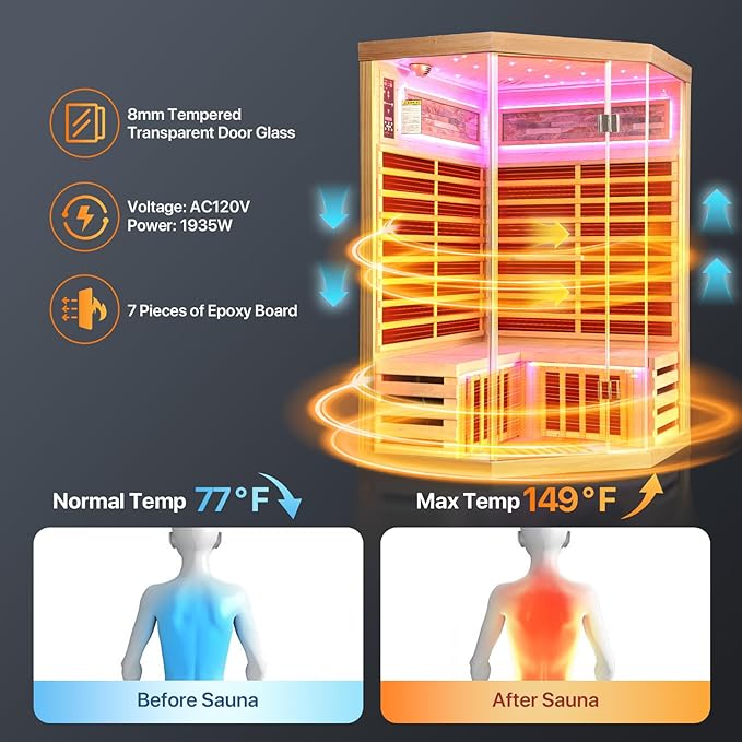 OUTEXER Sauna Corner Saunas for 2-3 Person 120V Home Indoor Canadian Hemlock Far Infrared Saunas 1935W Low-EMF Dry Saunas with 7 Color Starry Sky Ceiling Light Therapy 47.2 * 47.2 * 74.8inch