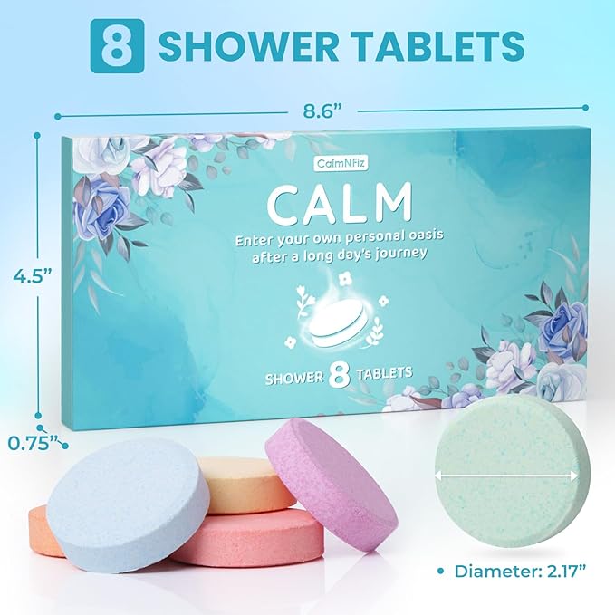 CalmNFiz Shower Steamers 8 Pack Set Shower Bombs Tablets in Box with 8 Fragrances with Shea Butter for Self-Care & Relaxation, Idea for Valentine's Day, Women and Men
