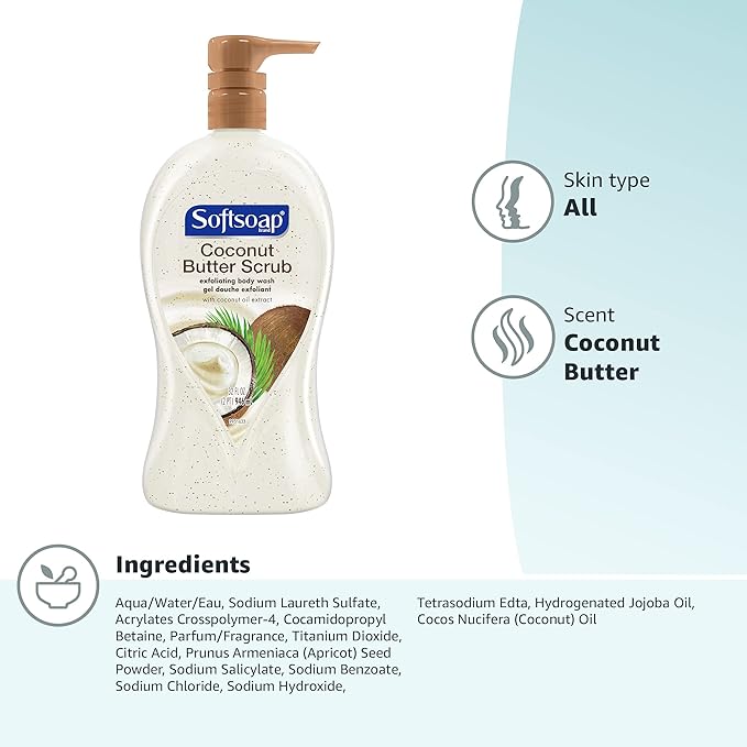 Softsoap Body Wash Pump, Coconut Butter Scrub, Exfoliating Body Wash, WHITE (Package May Vary), 32 Ounce (Pack of 2)