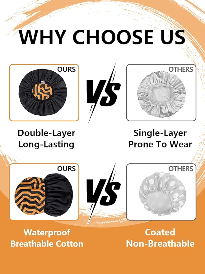 Years calm Men Shower Cap Reusable Waterproof, Dual-Layer Design, Double-Sided Use, Protects Hair in Shower, Spa, Travel & Cooking, Adjustable Elastic for Comfortable Fit (Orange Striped, One Size)