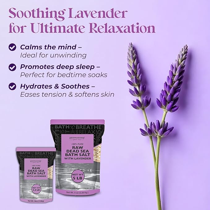 Aromasong Pure Raw Dead Sea Salt for Soaking with 100% Natural Lavender, 2.43 LB - Spa Bath Salt Fine Grain - Body Wash Scrub - Soak for Women & Men- Bulk Resealable Pack
