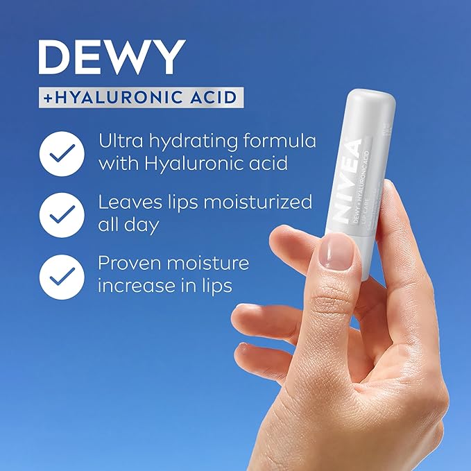 NIVEA Dewy Lip Balm with Hyaluronic Acid, Lightweight and Ultra-Hydrating for All Day Moisture, Mothers Day Gifts, 0.18 Oz, Pack of 4