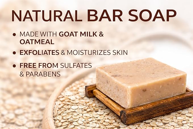 Oatmeal Goat Milk Soap Bars 3 Pack 4.25oz Each with Bamboo Soap Dish, Moisturizing Bath Soap for Sensitive Skin, Dry Skin Relief Cleanser, Gentle Face & Body Soap, Made in USA