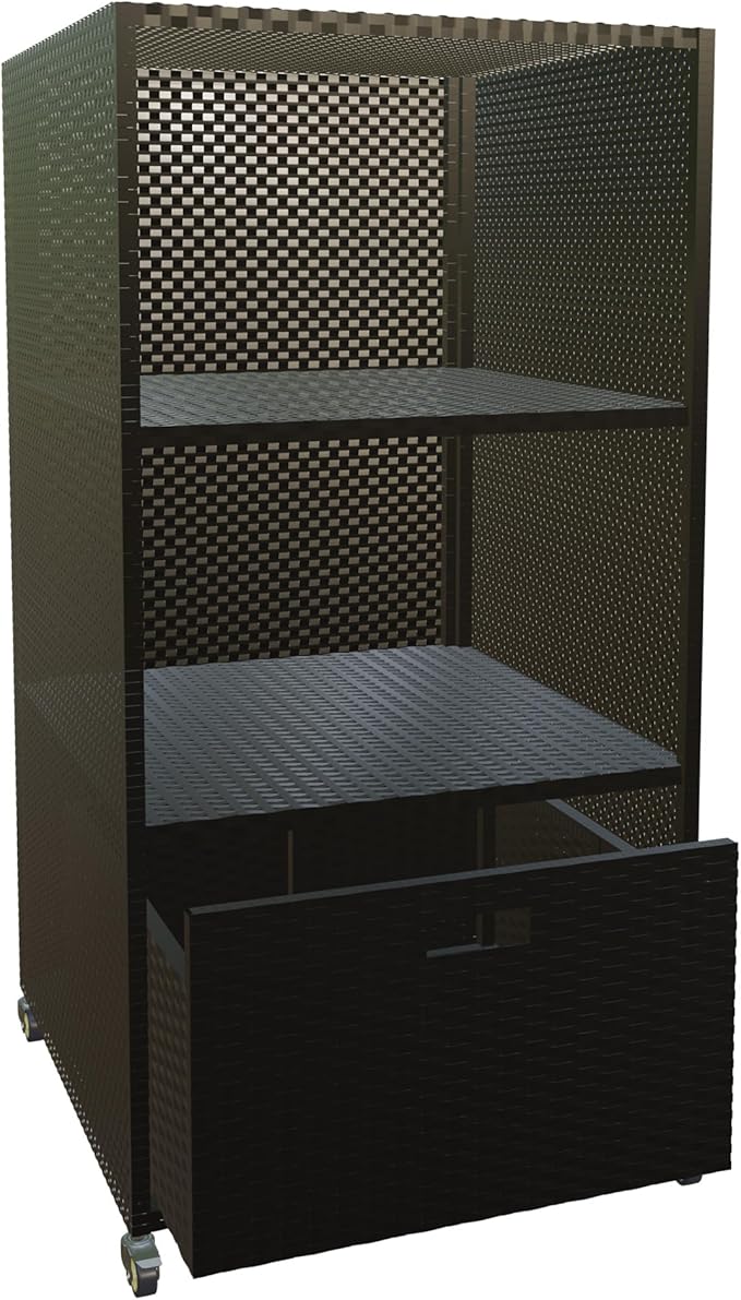 HOOYEAH Pool Towel Rack Outdoor, Waterproof PE Plastic Rattan Wicker Pool Storage Bins Storage Cabinet Organizer, Poolside Towel Caddy with Rolling Wheels for Hot Tub Spa Accessories,Black