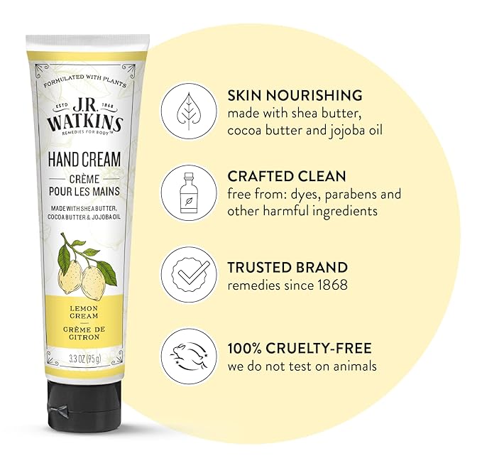 J.R. Watkins Natural Moisturizing Hand Cream, Hydrating Hand Moisturizer with Shea Butter, Cocoa Butter, and Avocado Oil, Cruelty Free, 3.3oz, Lemon Cream, 3 Pack