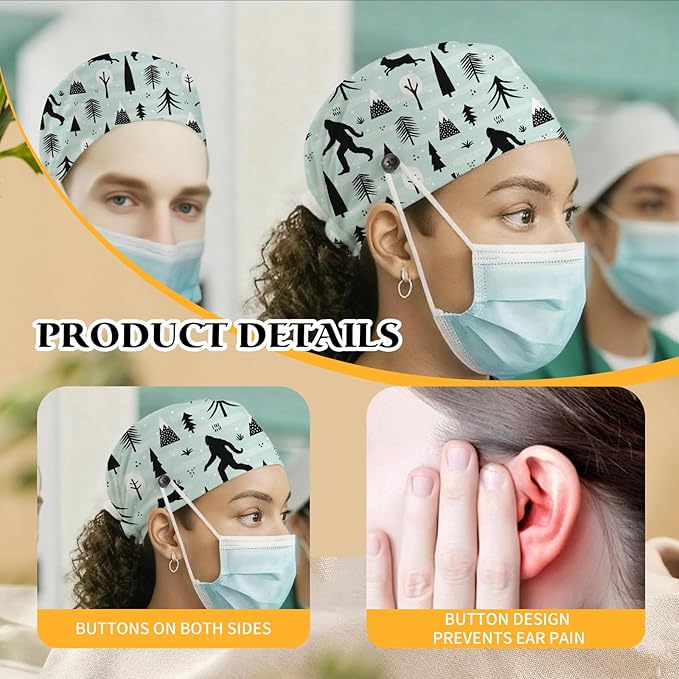 Adjustable Scrub Cap with Buttons & Sweatband, Working Hat with Elastic Tie Back, Unisex Nurse Surgical Caps for Women & Men