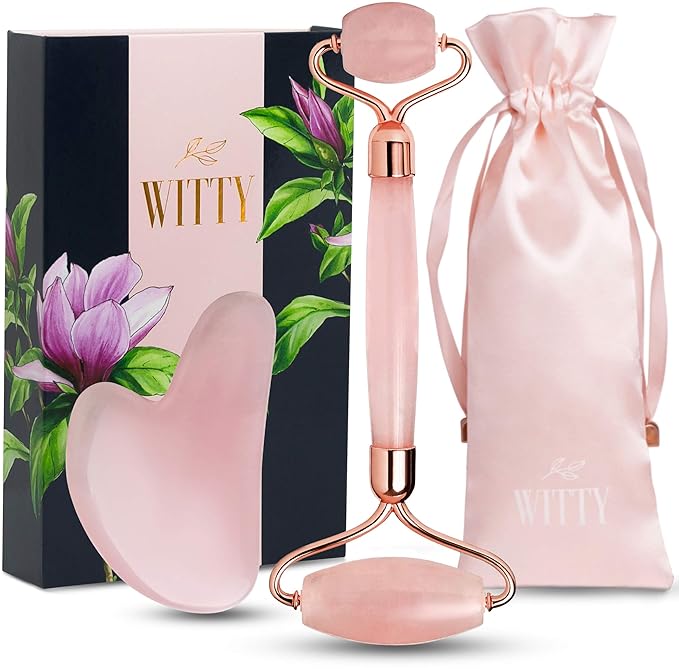 WITTY Rose Quartz Roller for Face, Gua Sha Stone Set in Hand-Drawn Giftbox - Jade Face Roller, Massager Roller, Face Scraper Tool - Guasha Tool for Face Roller Skin Care, Eyes, Neck - Extra Pouch