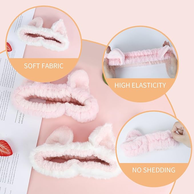PERFECTSIGHT Kawaii Headband for Spa, Makeup, Washing Face, Party - 2 Pack Cute Hair Band for Shower Beauty Skincare, Soft Facial Headbands for Girls and Women, Cat Ear