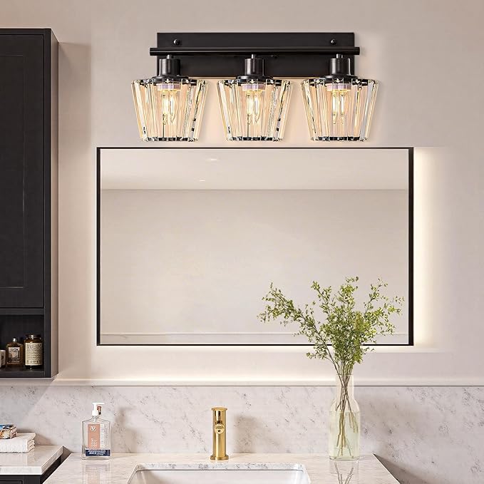 Bathroom Light Fixtures, 3-Light Vanity Light with 3 E26 Bulbs, Modern Crystal Bathroom Lighting Fixtures Over Mirror, Vanity Lights for Bathroom Living Room Hallway Kitchen