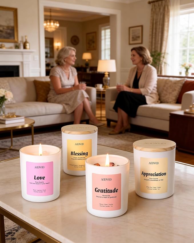 AOOVOO Mothers Day Candles Set for Mom - 4 Pack Candles for Home Scented, Aromatherapy Candle with Crystals, Gratitude Rhodonite/Appreciation Clear Quartz/Blessing Aventurine/Love Rose Quartz