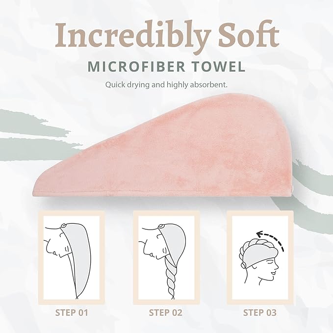 Microfiber Hair Towel Wrap - Super Absorbent Twist Turban Dry Hair Cap with Button Fasten Loop