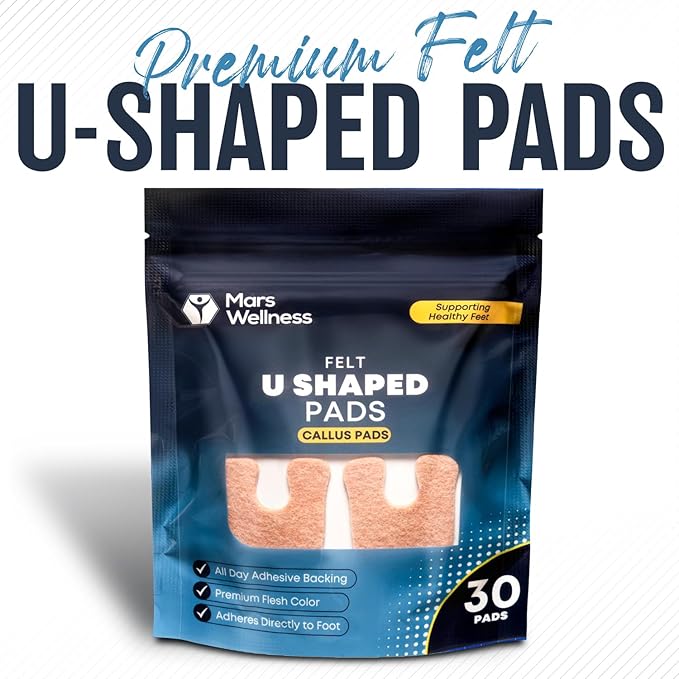 Mars Wellness U-Shaped Callus Pads, 1/4" Thick, Flesh Colored, Pack of 60 with Adhesive Backing - Callus Remover for Feet, Callus Protection