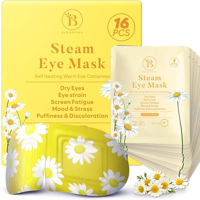 16 Pack Chamomile Steam Eye Mask for Dryness, Puffiness, Strain & Relaxation, Heated Eye Mask for Sleep & Travel, Self-Heating & Disposable Warm Compress, Travel Essentials, Relaxation Gifts for Women