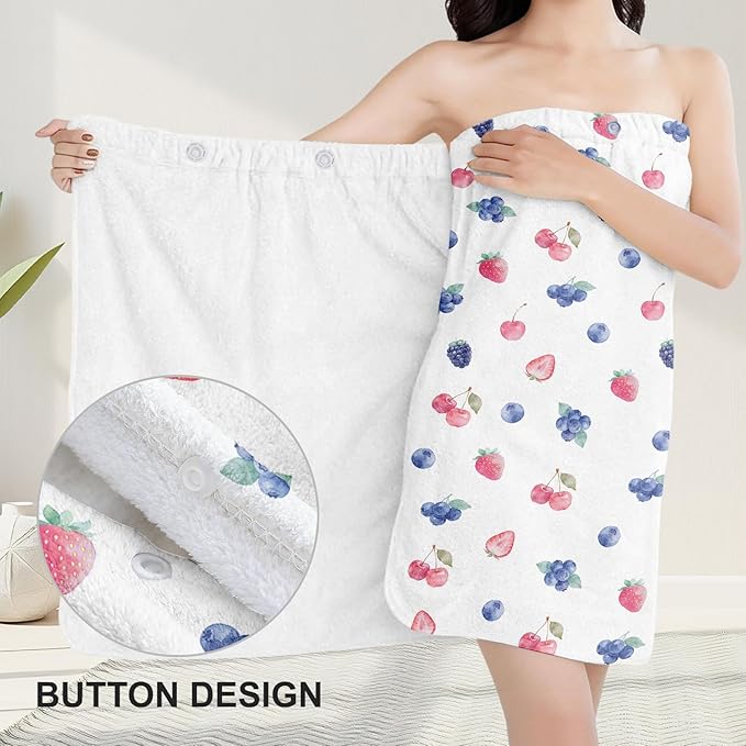 Absorbent Bath Towel Wrap Set for Women, Berries Print Towel Wrap After Shower, Microfiber Shower Robe Body Towel Wraps for Women, Quick Dry Hair Towels Wraps for Spa Hotel Beach Girl Teen