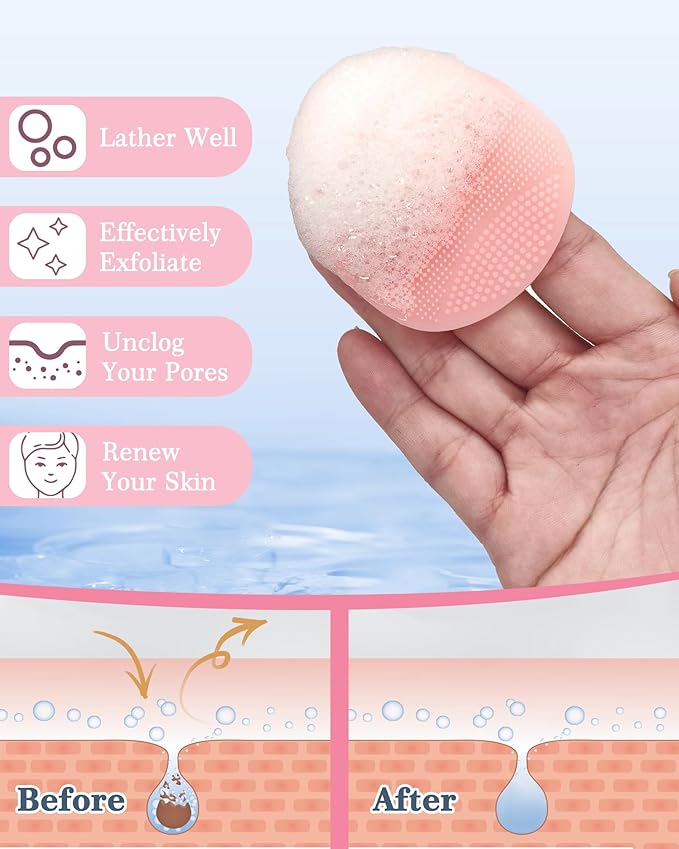 Manmihealth Silicone Back Scrubber & Soft Bath Glove Set 4 PCS(Thick Bristles), Super-Exfoliating Body Scrubber & Super-Lathering Shower Brush Combination, with 2 Adhesive Hooks (Pink)