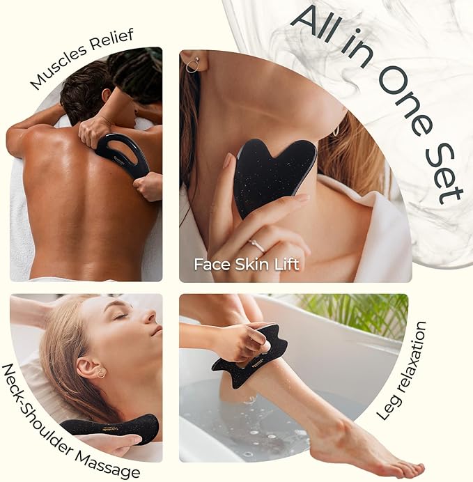Scienlodic 4 Pcs Gua Sha Massage Tools for Face & Body (Black Gold, Resin) - Guasha Scraping Tool for Jawline Contouring, Puffiness Reduction, Neck, Back, Legs & Muscle Relaxation