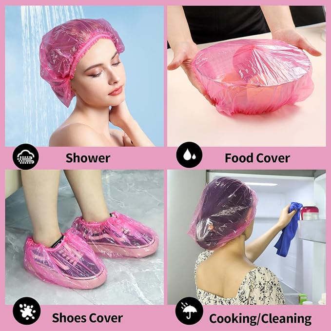 LEOBRO Disposable Shower Caps, 100PCS Large Shower Cap, Plastic Shower Caps for Women Disposable, Thick Plastic Caps for Hair Treatment, Large Size 19.3 INCH, Pink