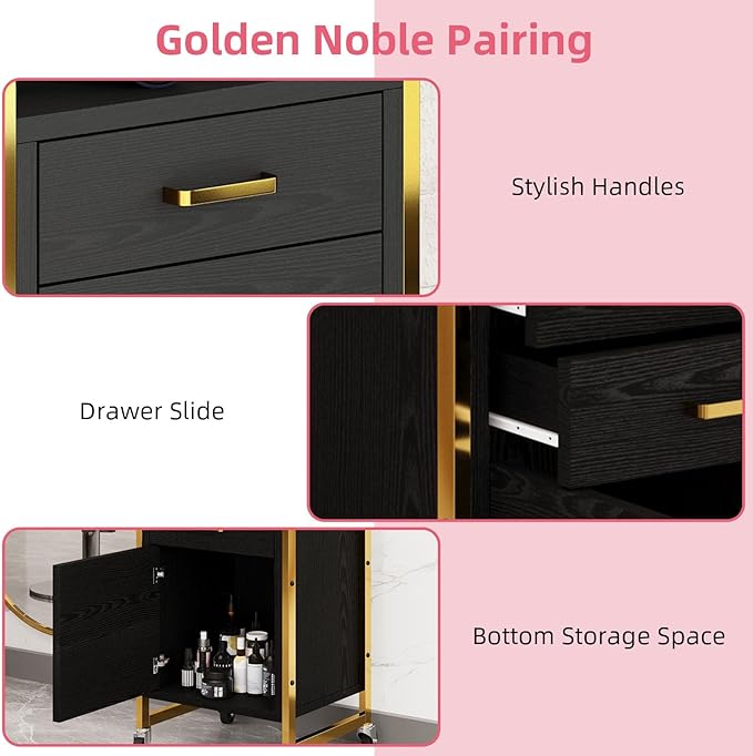 4ever2buy Black and Gold Salon Trolley Cart with Wheels, Salon Cart with Drawers and Cabinet, Rolling Cart for Hair Stylist, Professional Salon Stations Organizer