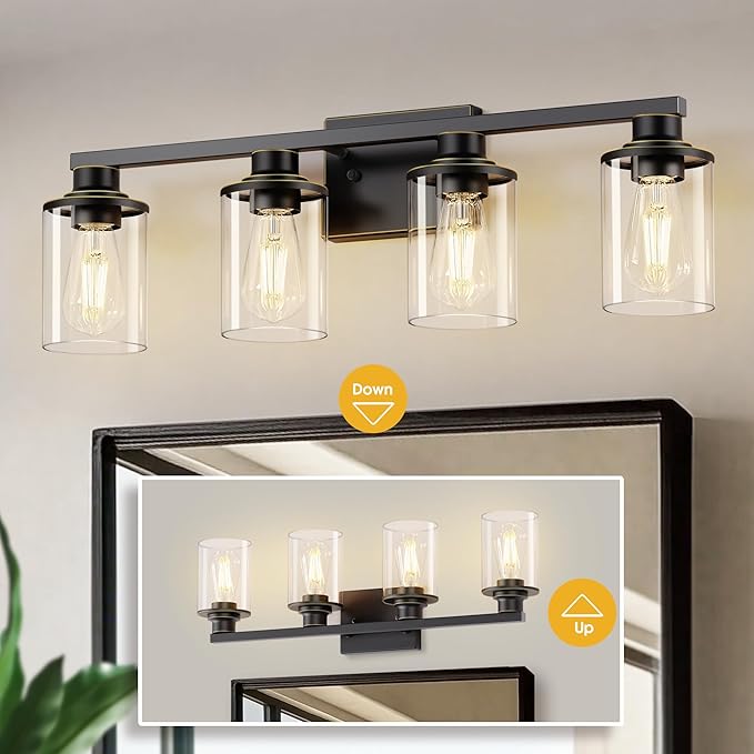 L LOHAS LED 4 Light Bathroom Light Fixtures, Black Vanity Lights for Bathroom, Vanity Lights for Mirror Bedroom Hallway