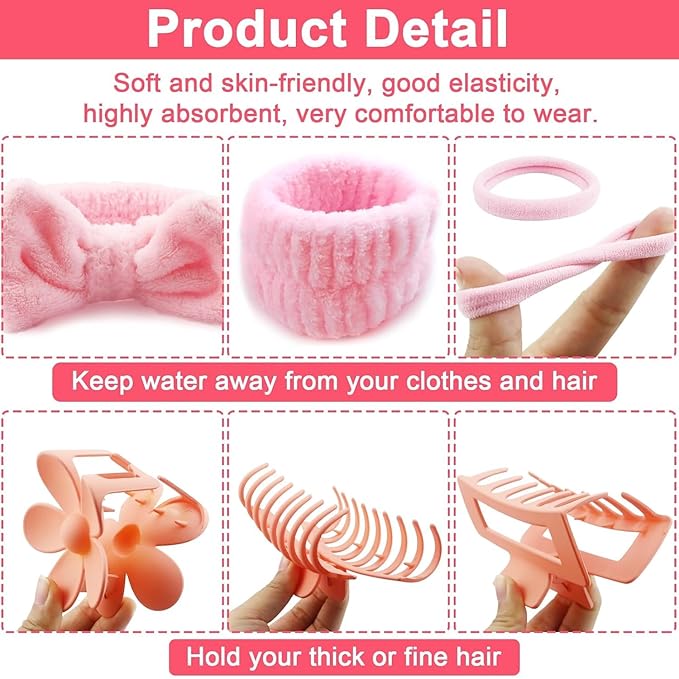 16pcs Skincare Headband Set, Headband Set for Face Washing Spa and Makeup, Including 1 Hairband, Wristband, 3 Hair Claw Clips and 10 Hair Ties, with Box, Gift for Women and Girls, Pink