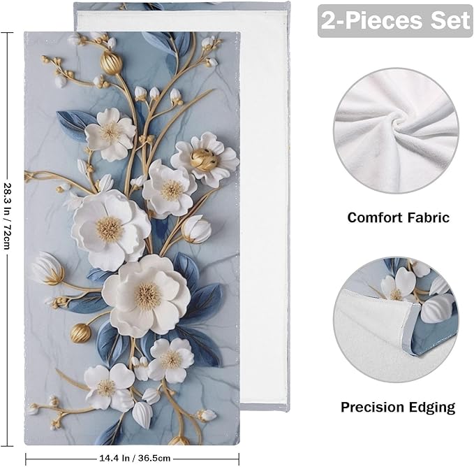 Vintage 3D Floral Hand Towels for Bathroom Set of 2,Decorative White Blue Golden Blossom Flower Branch Bathroom Towels for Bath,Face,Hair,Soft Absorbent Dish Towels for Kitchen Decor 28"x14"