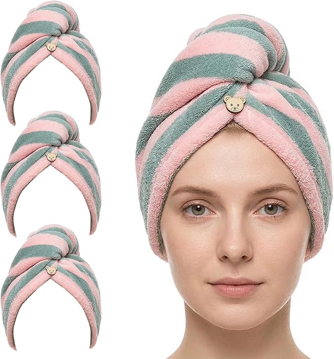 3 Pack Microfiber Hair Towel Wrap for Women, Fast Drying Hair Turban with Button, Anti-Frizz Large Hair Towel for All Hair Styles, Soft & Absorbent Hair Drying Towel