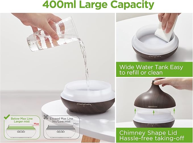 InnoGear Aromatherapy Diffuser & 10 Essential Oils Set, 400ml Diffuser Ultrasonic Diffuser Cool Mist Humidifier with 4 Timers 7 Colors Light Waterless Auto Off for Mother's Gift, Dark Wood Grain
