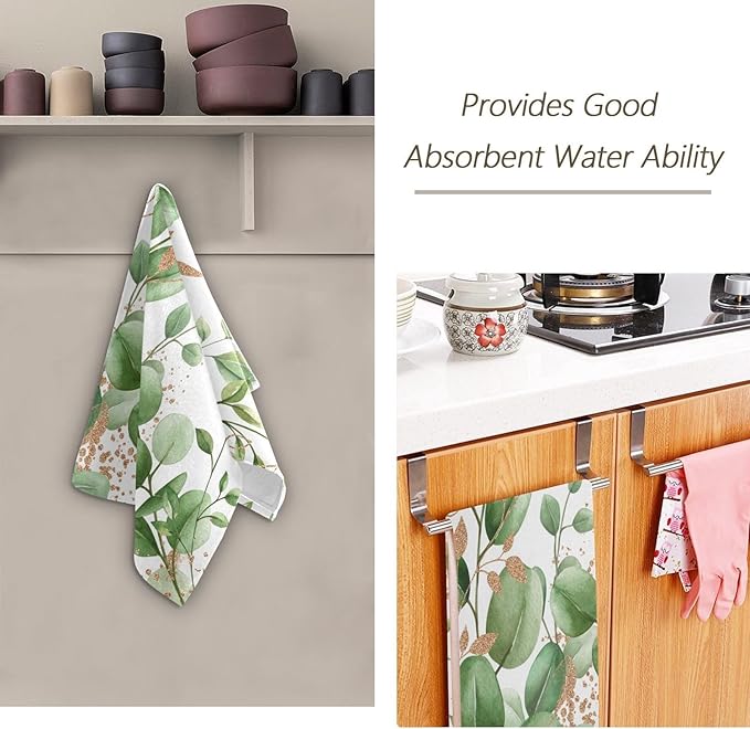 Green Gold White Leaves Hand Towels for Bathroom Set of 2,Eucalyputs Leaf Floral Branches Decorative Bathroom Towels for Bath,Face,Hair,Soft Absorbent Dish Towels for Kitchen Decor 28"x14"