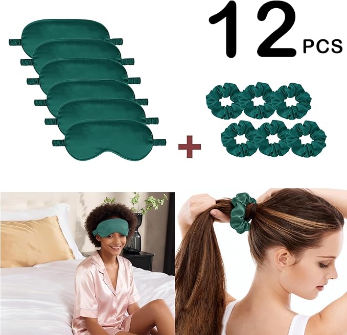 12Pcs Silk Sleep Masks Satin Eye Mask Silky Eyes Cover Blindfold Eyeshade Hair Ties Scrunchy Travel Bridesmaids Gifts