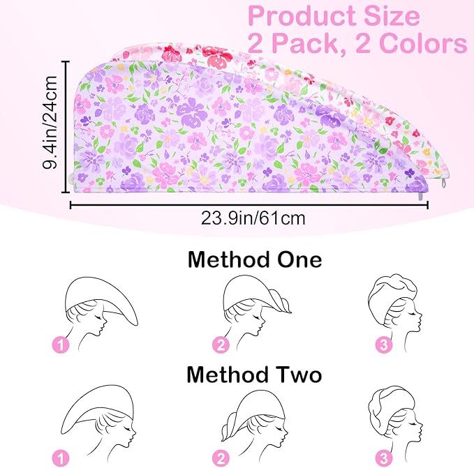 Basumee Microfiber Hair Towel Wrap for Kids 2 Pack Rapid Drying Hair Towel with Button Hair Turbans for Wet Hair Wraps Head Towel Wrap for Women and Girls